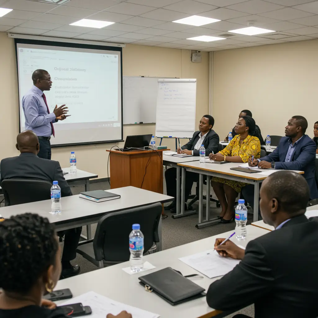 Kenyan board members and executives attending a professional development workshop led by a senior trainer.