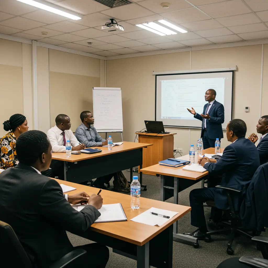 Focused participants in a corporate governance seminar at a modern conference venue in Nairobi, Kenya.