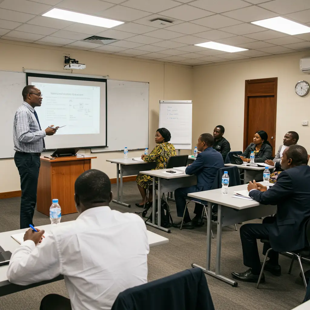 SBD Institute facilitator delivering governance training to experienced Kenyan professionals in a boardroom setting.