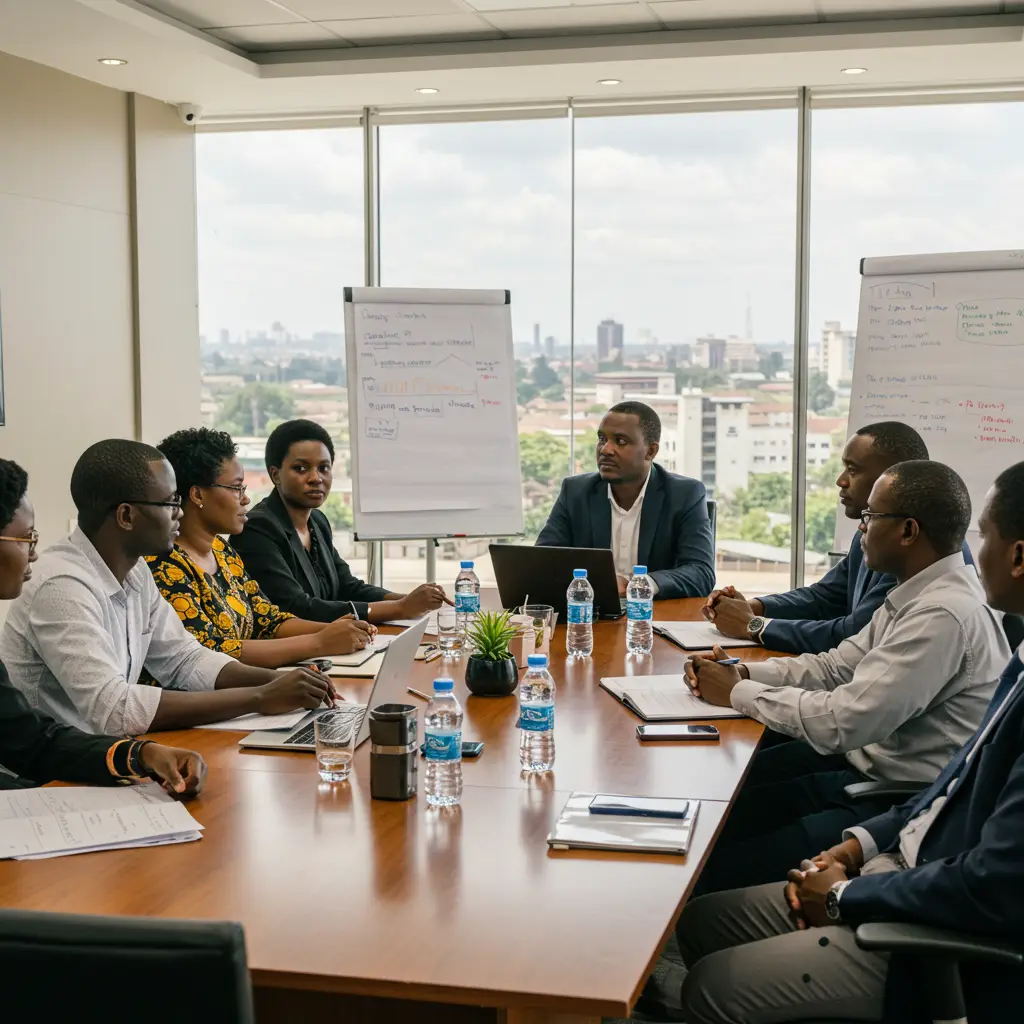 Professional board training session with African executives seated around a boardroom table, focused on leadership alignment.
