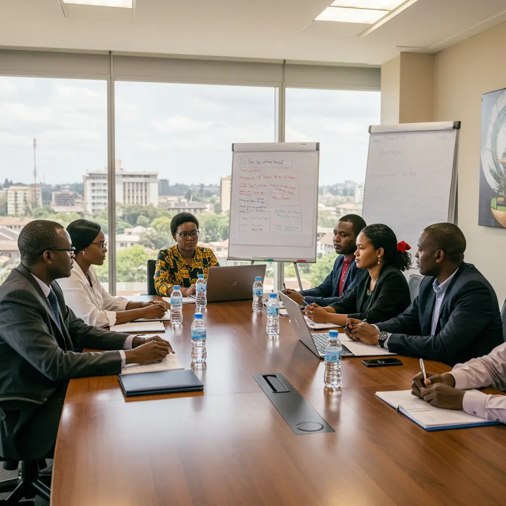 Diverse Kenyan leadership team participating in board–management relationship workshop in a modern conference room.