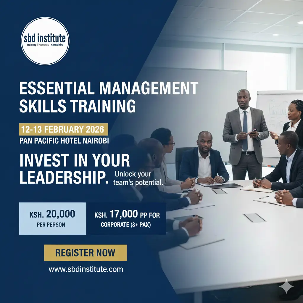 Elevate your leadership! Join our 2-Day Essential Management Skills Training in Nairobi, Kenya, at Pan Pacific Hotel (Feb 12-13, 2026). Master leadership, communication, and performance management. Perfect for new supervisors and aspiring team leaders. Register now!