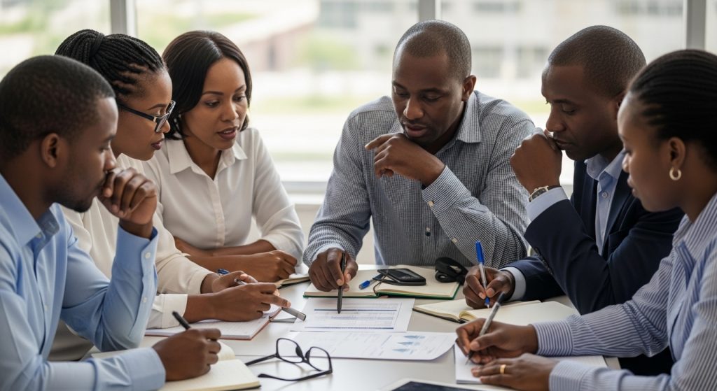 Mature corporate facilitator leading pre-retirement training in Nairobi Kenya with employees aged 45–60 engaged in retirement planning discussion