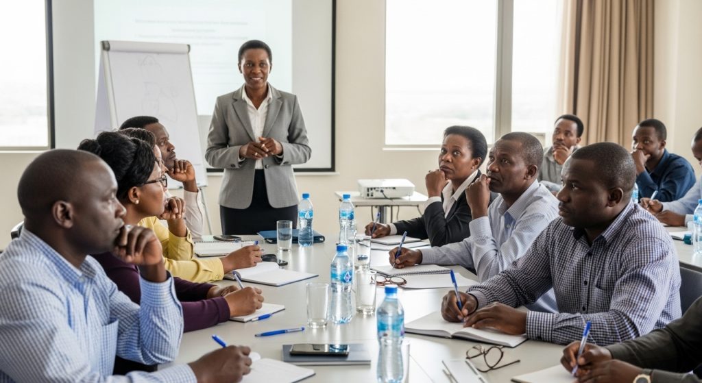 Senior employees in Kenya participating in pre-retirement planning workshop discussing financial readiness and retirement income strategies in corporate training session
